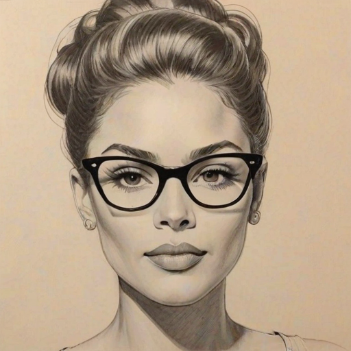 Stunning Dominique Jackson, pencil sketch, portrait of Radiant woman 1959s in glasses, hair style beatnik, outline, clear lines, fine lines, 8k