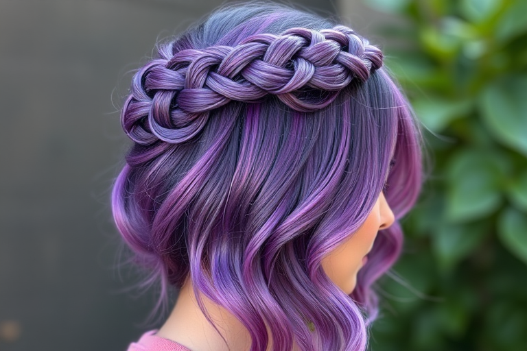 Regal purple ombre hair styled in the "Royal Radiance" fashion flows from deep amethyst roots to lavender tips, arranged in an intricate braided crown fit for royalty