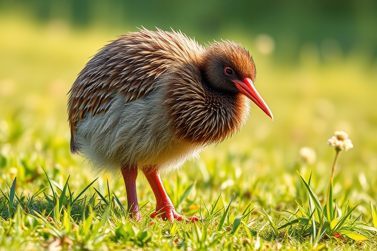 Create a highly detailed illustration of a kiwi bird standing on grass, captured with a DSLR camera at f/5.6 aperture, ISO 200, 50mm lens, using a macro photography style to enhance texture and clarity.