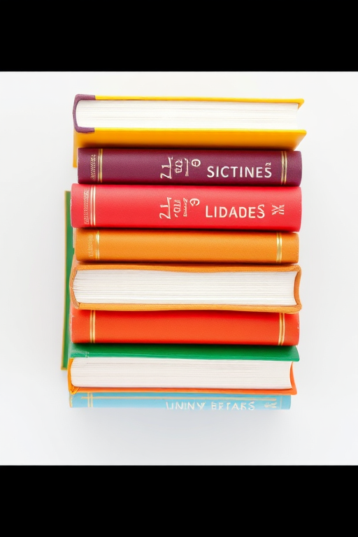 Create a high-resolution image of a stack of colorful books with a clean white background, using a macro lens, aperture f/2.8, ISO 100, 50mm focal length, soft diffused lighting, top-down view, digital illustration style.