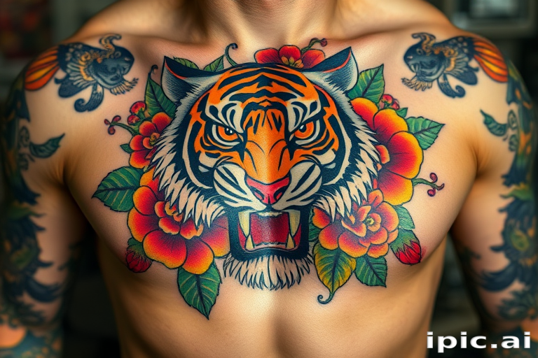 Colorful neo-traditional tattoo adorning the chest, featuring a fierce tiger surrounded by vibrant flowers and foliage, employing bold lines and saturated colors for a striking and eye-catching appearance