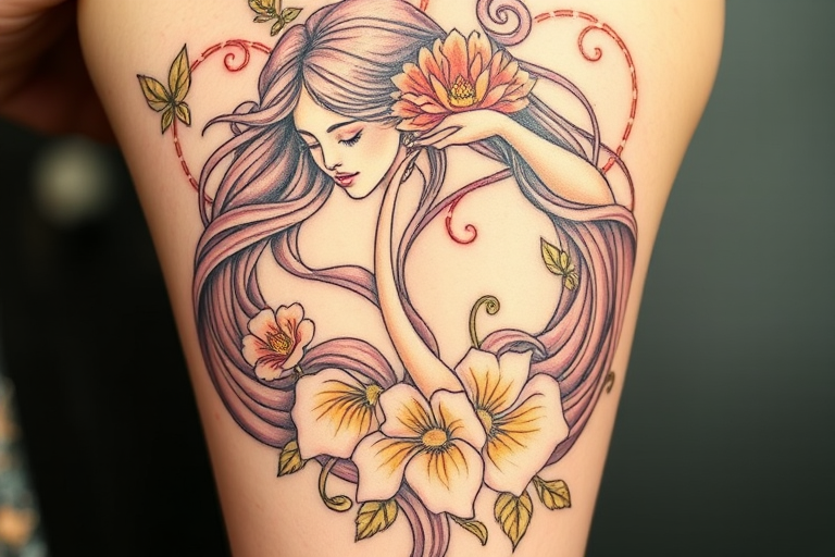 Elegant Art Nouveau tattoo named "Mucha's Muse" inspired by the flowing lines and natural motifs of the iconic art movement. Graceful female figures with long, flowing hair intertwine with delicate flowers and swirling patterns. A soft, muted color palette of pastels and gold accents enhances the romantic, dreamlike quality of the design.