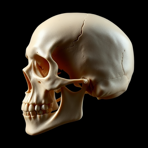 Generate a high-resolution 3D rendering of a human skull viewed from the right side, using a DSLR camera with a 50mm lens, aperture set to f/8, ISO 100, and a soft natural light to enhance the details and textures.