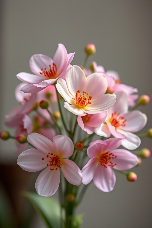 Generate a high-resolution illustration of a bouquet of delicate flowers, using a Canon EOS R5 camera, 50mm lens, f/1.8 aperture, ISO 100, natural light, soft focus background.