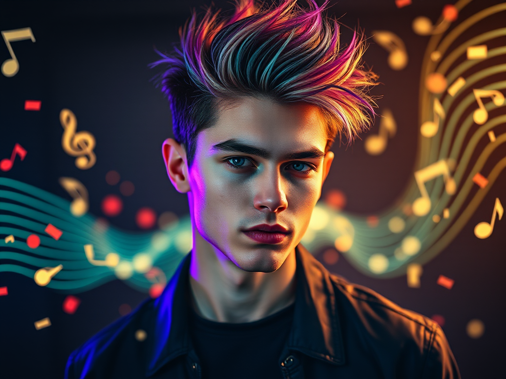 Create a portrait of a stylish young man with vibrant, spiky hair and colorful highlights, surrounded by swirling musical notes and shimmering light trails, captured with a Canon EOS R5, 50mm f/1.8 lens, at ISO 100, shutter speed 1/200s, in a soft focus, high dynamic range style.