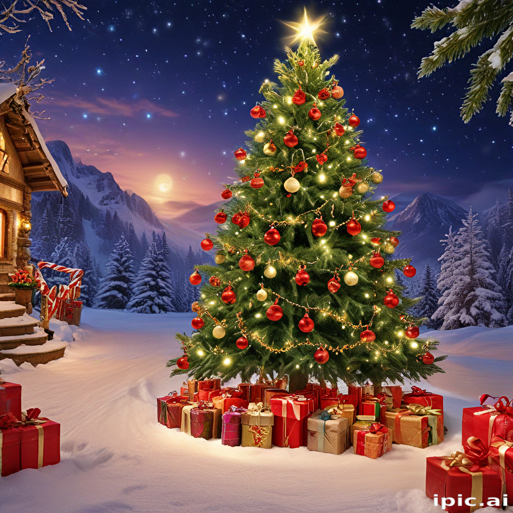 Magical Winter Wonderland Scene with a Beautifully Decorated Christmas Tree