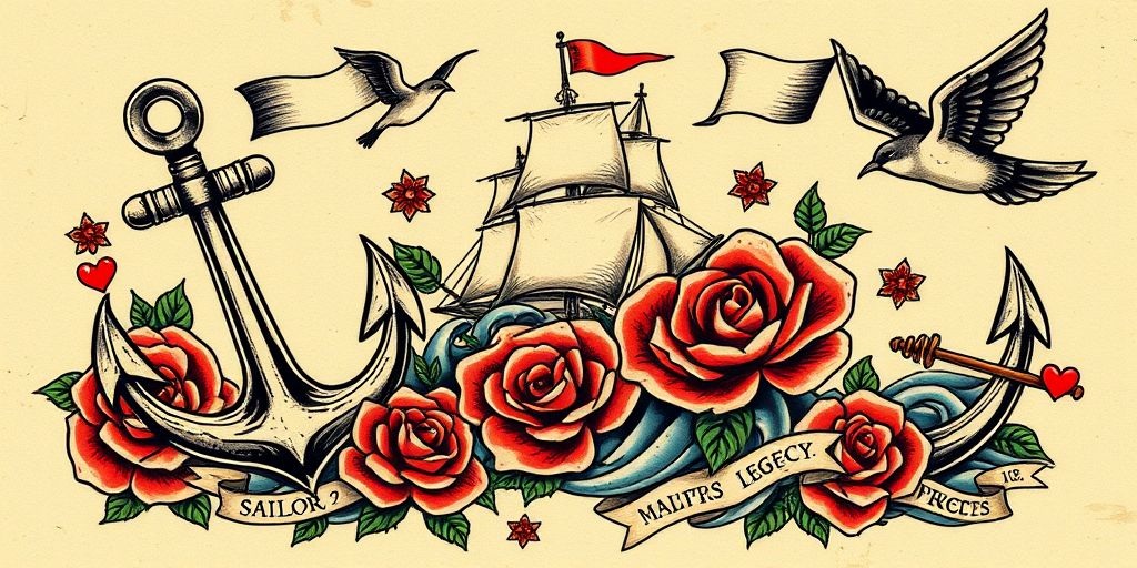 Bold traditional American tattoo named "Sailor's Legacy" featuring classic imagery of anchors ships roses and swallows rendered in thick bold outlines filled with vibrant primary colors and stark black shading incorporating traditional motifs such as banners hearts and daggers with a weathered vintage aesthetic that pays homage to the rich history of maritime tattoo culture and the artistry of early tattoo pioneers