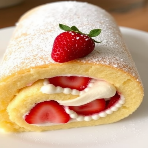 Strawberry cream roll cake with a soft yellow sponge filled with fresh strawberries and cream dusted with powdered sugar displayed on a white plate.