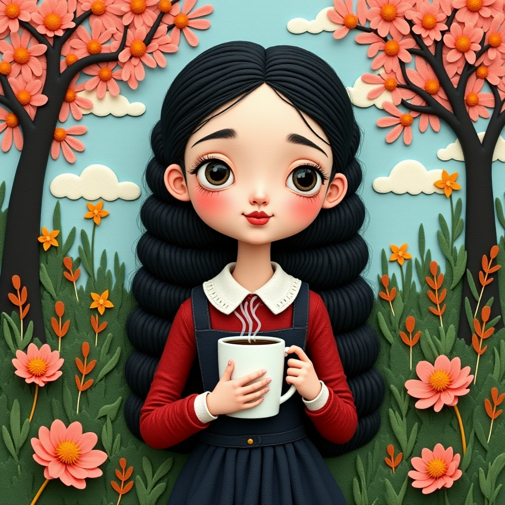 Wednesday Addams holding a steaming coffee mug, depicted in colorful felt textures. The artwork has a serene and tranquil atmosphere, emphasizing the beauty of nature, and evokes a nostalgic and whimsical feeling suitable for children's picture books, greeting cards, and home decor.