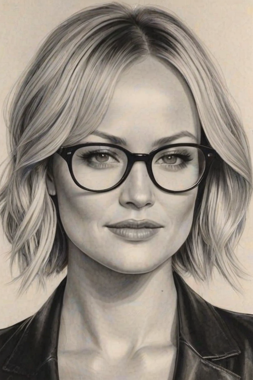 Stunning Malin Akerman, pencil sketch, portrait of Attractive woman 1931s in glasses, hair style beatnik, outline, clear lines, fine lines, 8k