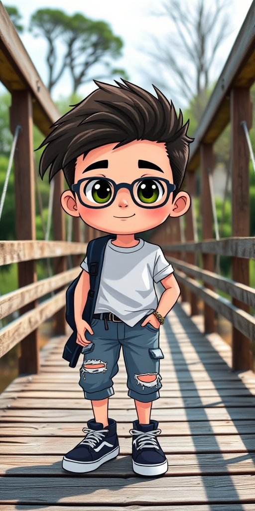 Create a vibrant cartoon-style character of a teenager in casual streetwear standing on a wooden bridge, with a focus on sharp details and high contrast, using a DSLR camera with a 50mm lens at f/2.8, ISO 200, 1/250s, shot from eye level with natural lighting.