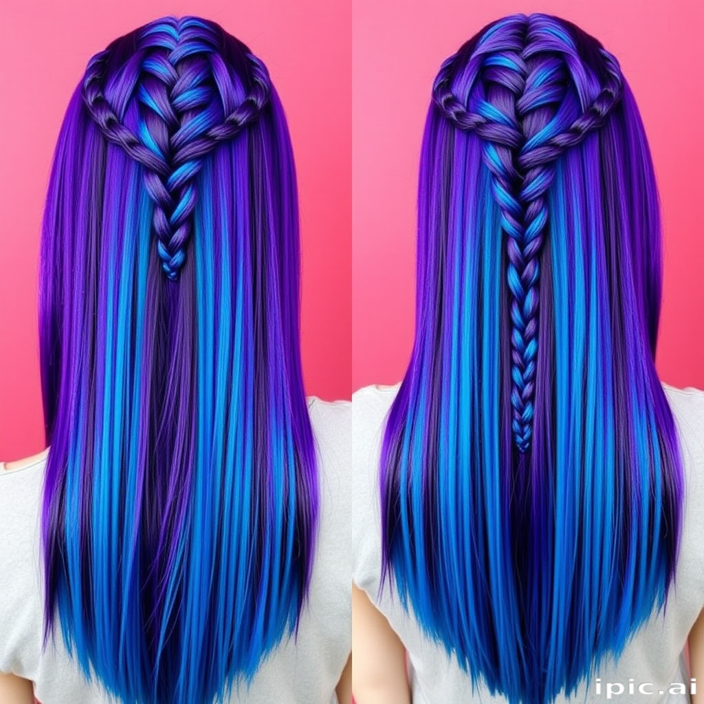 Deep purple hair with electric blue streaks forms the dramatic "Cosmic Fusion" look. The long, straight locks are styled with a glass-like finish, creating a sleek, futuristic appearance. A section of hair is braided tightly against the scalp in an intricate geometric pattern, adding texture and interest to this bold, otherworldly style.