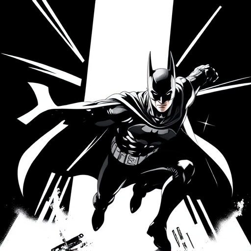 Create a high-contrast, stylized illustration of a superhero in a dynamic pose, emphasizing sharp lines and a bold monochrome palette, captured with a DSLR camera at f/2.8 aperture, 1/500 sec shutter speed, 50mm lens, with a focus on high detail and clarity.