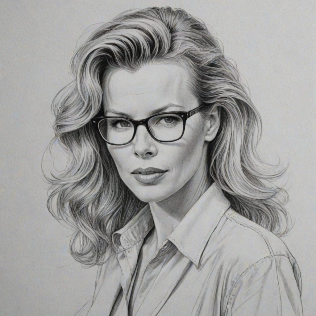 Exquisite Kim Basinger, pencil sketch, portrait of Magnificent woman 1951s in glasses, hair style beatnik, outline, clear lines, fine lines, 8k