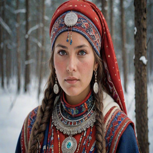 Create a portrait of a beautiful Sami woman with striking red eyes and a gentle expression. She is adorned in traditional attire with intricate patterns, including a richly embroidered headscarf and matching garments. Her jewelry includes a delicate headpiece, dangling earrings, and ornate bracelets, all featuring vibrant gemstones and detailed metalwork. The background is soft and warm, enhancing the rich colors of her outfit and jewelry.