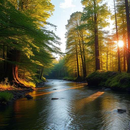 Create an image of a serene, sunlit forest scene with a clear, gently flowing river. Tall trees with lush green foliage line both sides of the river, their leaves bathed in the warm golden light of the setting or rising sun. The sunlight filters through the trees, casting soft, dappled light on the river, which flows over smooth rocks and pebbles, creating a peaceful, natural atmosphere. The sky is bright with a few scattered clouds, and the overall mood is tranquil, evoking a deep sense of connection with nature. The image captures the beauty of a calm, pristine forest landscape at either dawn or dusk.