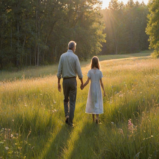 Softly lit, warm morning scene of a father and daughter walking hand-in-hand through a meadow, tall grass swaying in the breeze, sunlight filtering through the trees at the meadow's edge, wildflowers dotting the landscape, a soft smile on both of their faces, a distant farmhouse barely visible.