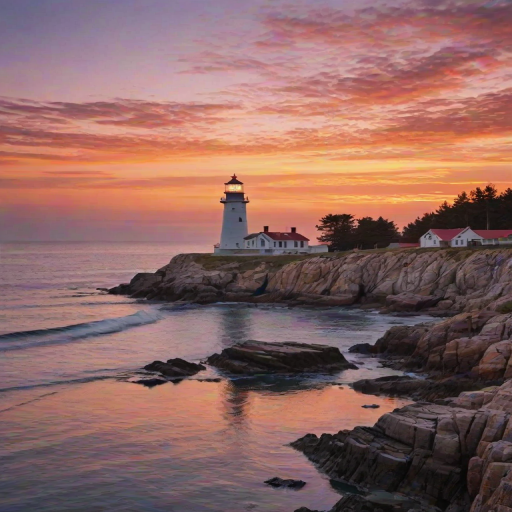 Generate an image of a tall lighthouse perched on a rocky outcrop surrounded by calm ocean waters during a breathtaking sunset. The lighthouse stands sturdy and weathered, its stone surface illuminated by the warm golden light of the setting sun. The sun's rays pass directly through the glass lantern room at the top of the lighthouse, casting a brilliant light across the scene. The sky is painted with vibrant shades of orange, pink, and purple, reflecting off the tranquil sea. The surrounding water shimmers with the same warm hues, creating a serene and majestic atmosphere.