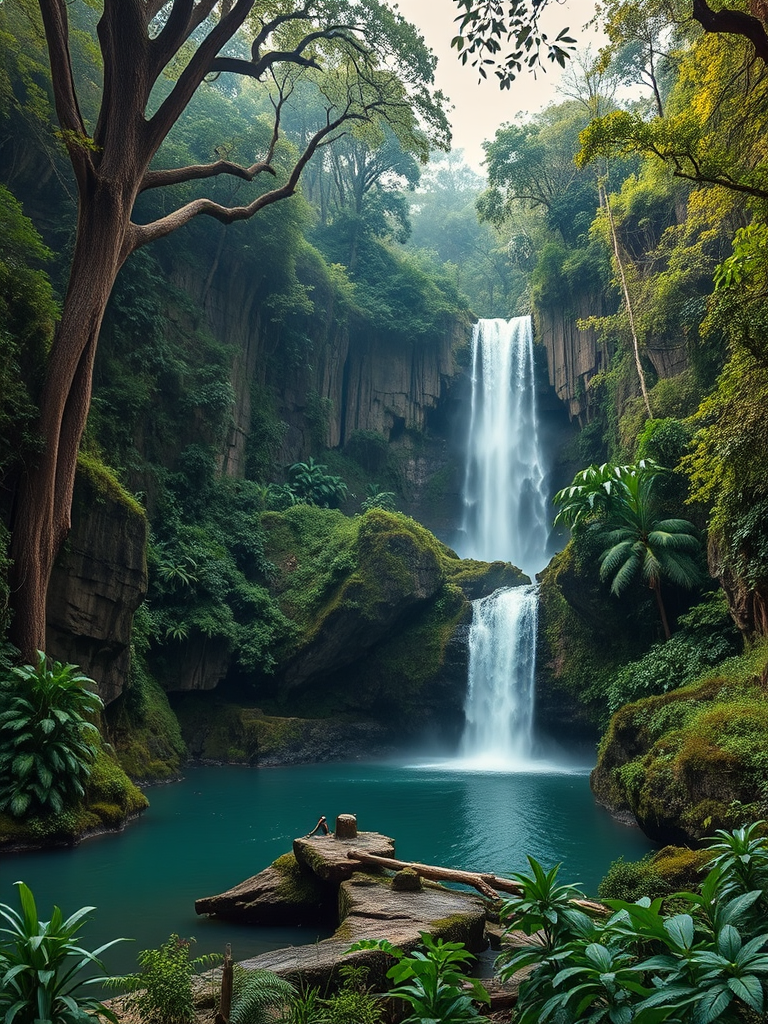 A lush, mythical jungle landscape with a grand waterfall cascading into a serene river surrounded by towering ancient trees and mystical rock formations, shot with a Canon EOS R5 at f/8, ISO 100, 24mm focal length, in landscape orientation with soft natural lighting and high dynamic range.
