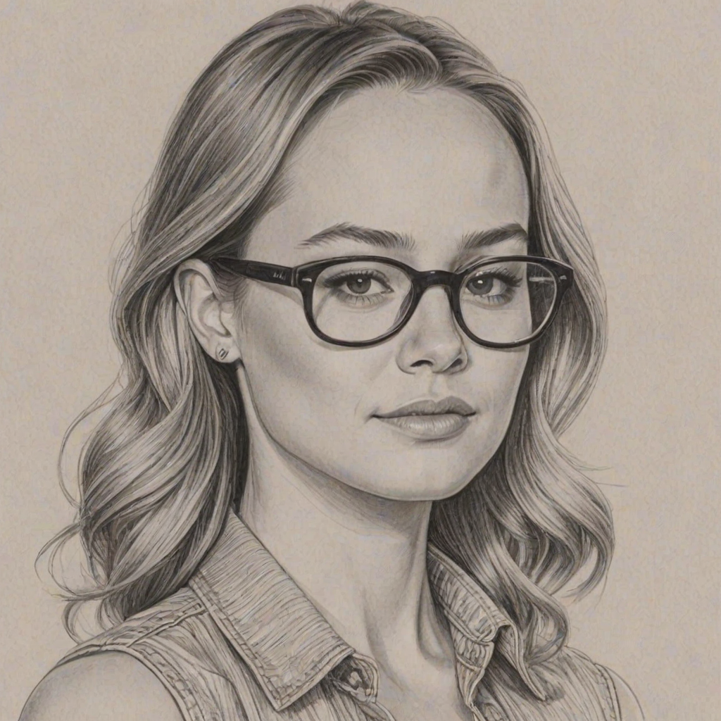 Sublime Brie Larson, pencil sketch, portrait of Beauteous woman 1965s in glasses, hair style beatnik, outline, clear lines, fine lines, 8k