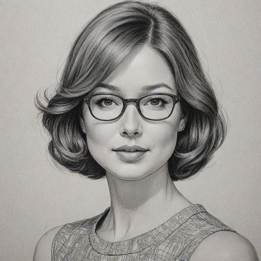 Beauteous Ellie Kemper, pencil sketch, portrait of Stunning woman 1960s in glasses, hair style beatnik, outline, clear lines, fine lines, 8k