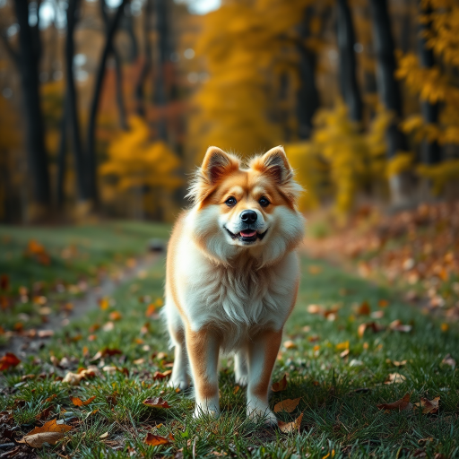 Courageous and fluffy dog standing on a grassy path surrounded by trees in autumn, shot with a Canon EOS R5, aperture f/2.8, ISO 100, 50mm lens, shallow depth of field, natural light, vibrant colors.