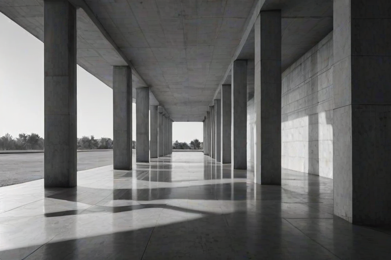 create a black and white image of tall concrete columns casting long shadows on a smooth floor with soft light illuminating the scene