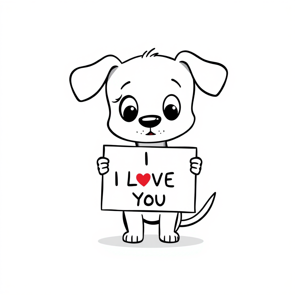 A minimalist cartoon of a PUPPY standing on a blank white background, holding a sign that simply says, 'I LOVE YOU.' The puppy is drawn with just a few lines: big eyes, whiskers, floppy ears, and a straight tail, giving it a comically desperate expression.