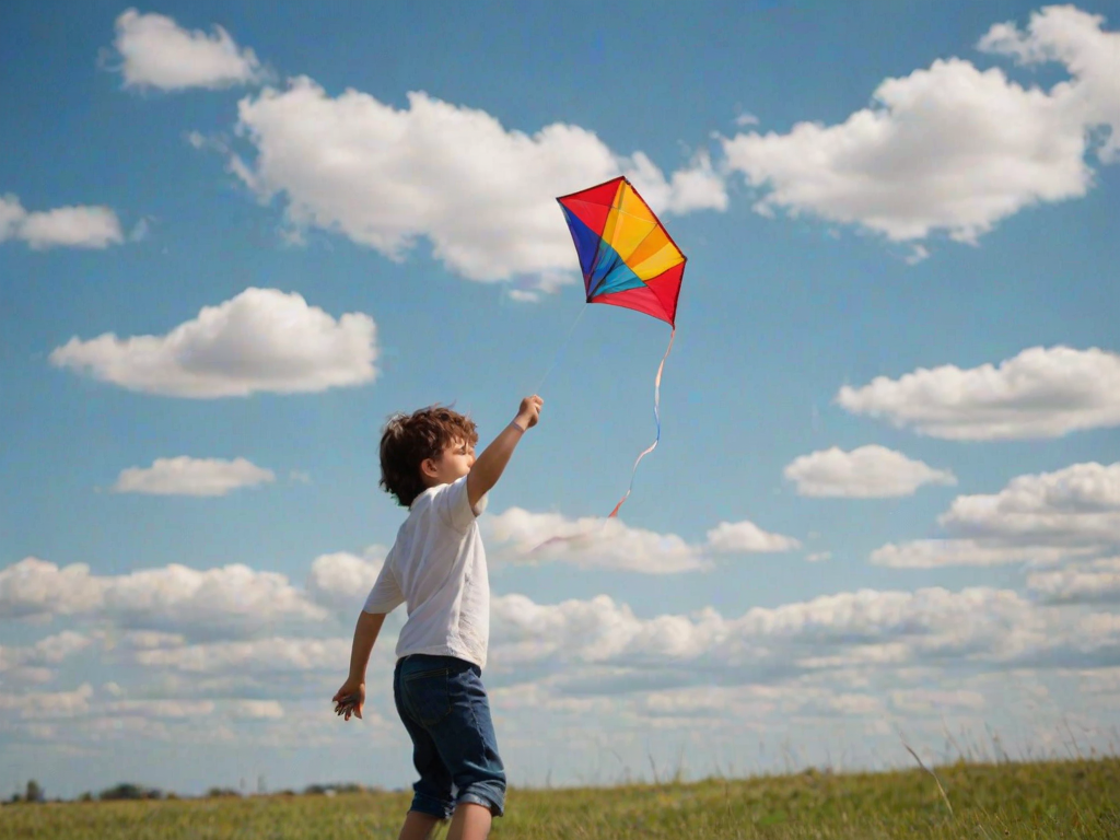 Blurry action shot of a child flying a kite on a windy day, with bright colors of the kite contrasting against a deep blue sky filled with fluffy white clouds.