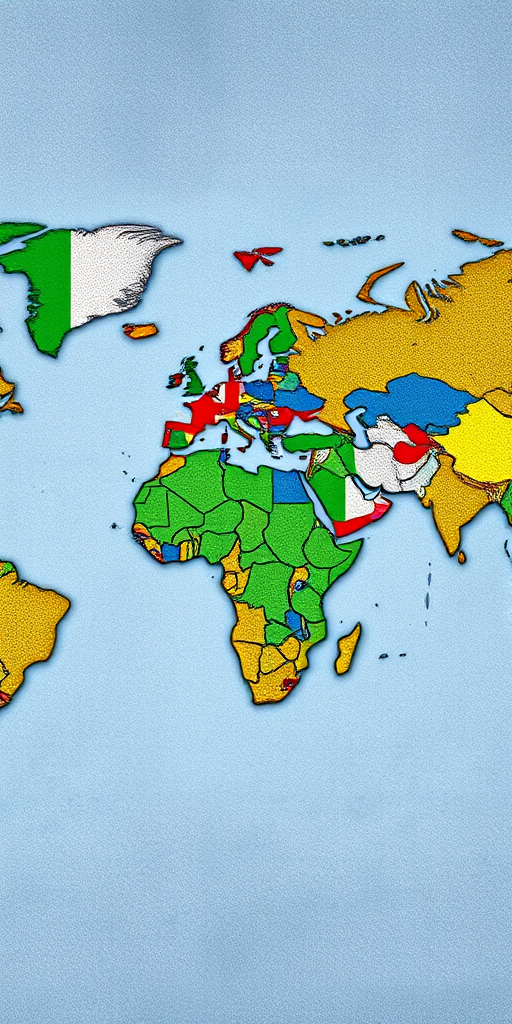 Create an artistic representation of the world map with different countries' flags overlaid on their respective shapes; use a high-resolution setting of 300 DPI, capture from a top-down view, utilize a DSLR camera style with a focal length of 35mm, aperture set to f/8 for sharp clarity.