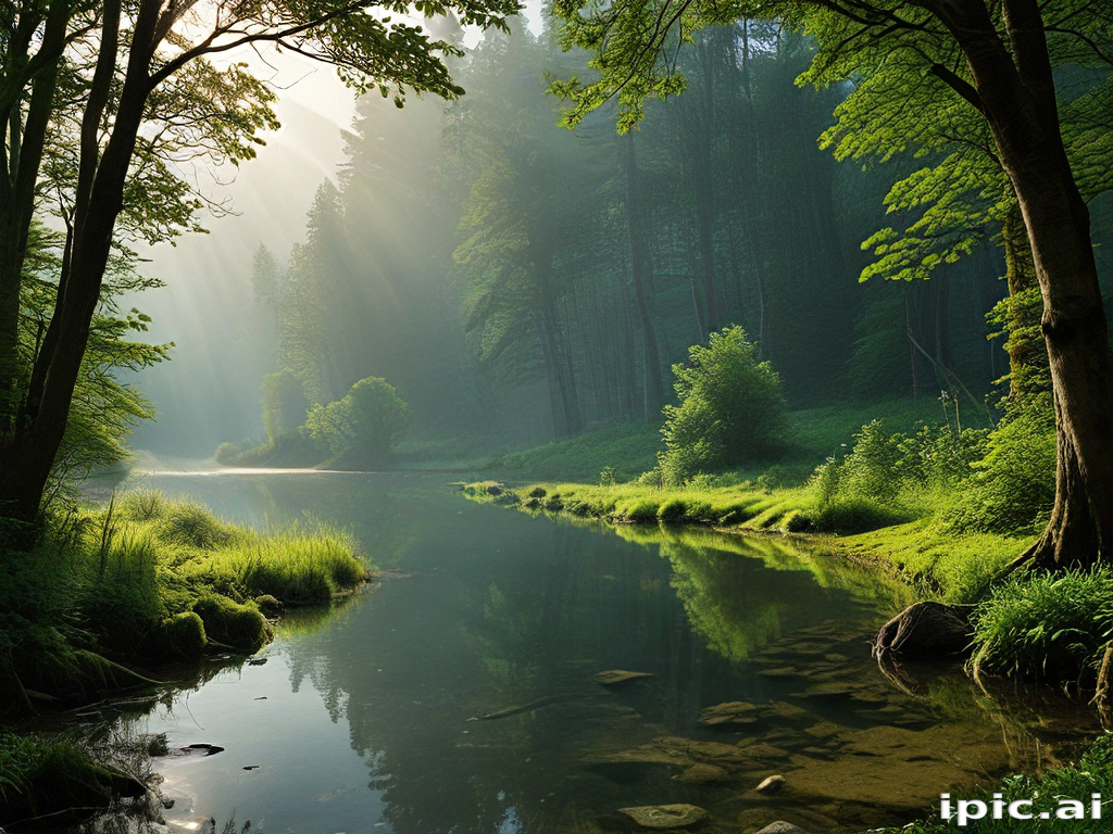 Tranquil Morning Light Shining Through Trees Over Serene Forest River