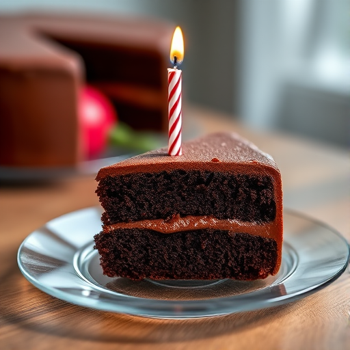 Create a high-resolution image of a chocolate cake slice on a glass plate with a red and white striped birthday candle, using a DSLR camera with a 50mm lens, aperture set to f/2.8, ISO 100, and a soft focus background to enhance depth of field.
