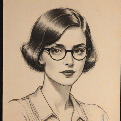 Magnificent Amie Kaufman, pencil sketch, portrait of Appealing woman 1925s in glasses, hair style beatnik, outline, clear lines, fine lines, 8k