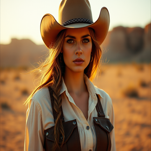 Dramatic photo of a beautiful Western American woman, classic cowboy attire, confident and free spirit expression, half-length portrait, centered, golden hour desert landscape, warm, diffused light, low angle, medium format film camera, in style of Annie Leibovitz.