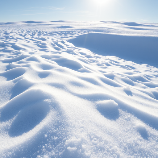 Winter landscape of undulating snow drifts under bright sunlight, captured with a Canon EOS 5D Mark IV, 50mm lens, aperture f/8, shutter speed 1/200 sec, ISO 100, soft contrast, and high saturation for enhanced texture detail.