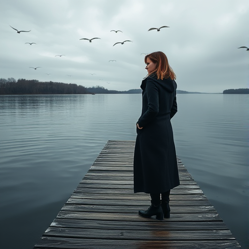 A woman in a long dark coat stands on a wooden pier by a calm lake, with overcast skies and birds flying above, captured with a DSLR camera at f/2.8, ISO 100, 50mm lens, with a slight vignette effect to enhance the mood.