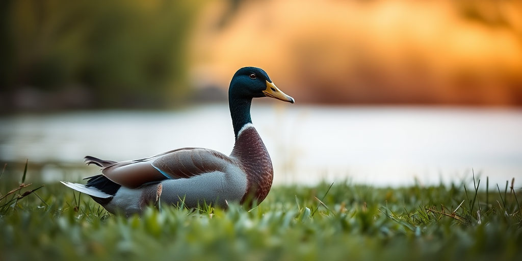 generate an image of a duck on grass with a shallow depth of field, f/2.8 aperture, 50mm lens, low angle perspective, soft natural lighting, and a DSLR camera for enhanced image quality