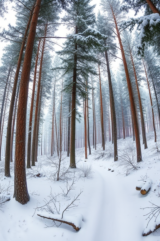 snowy forest landscape with tall pine trees covered in snow, soft natural lighting, shallow depth of field, wide-angle lens, f/8 aperture, ISO 200, 1/125 sec shutter speed, DSLR camera, panoramic view, high resolution