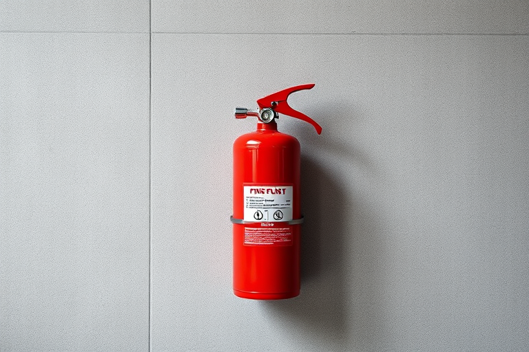 A high-quality image of a red fire extinguisher mounted against a neutral gray wall, taken with a Canon EOS R5, 50mm lens, f/2.8 aperture, ISO 100, 1/200 sec shutter speed, in natural lighting, with a focus on sharp detail and texture.