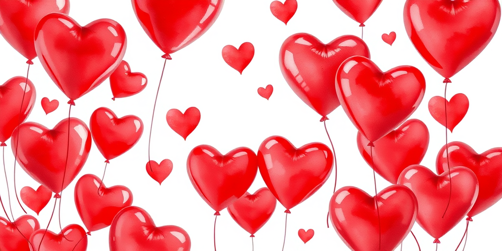 Create a vibrant watercolor illustration of red heart-shaped balloons floating against a white background, emphasizing soft gradients and intricate details, captured with a Canon EOS 5D Mark IV, 50mm lens, f/1.8 aperture, ISO 100, natural lighting.