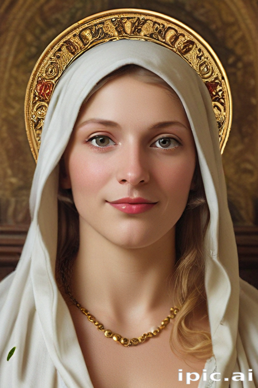 Portrait of a Serene Young Woman with a Golden Halo and White Veil