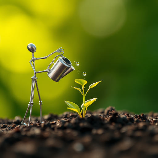 A metal figurine of a person, constructed from thin, silver rods, stands on the left side of the image, facing the viewer. The figurine is holding a small watering can and pouring water onto a young plant, with a few droplets in the air. The plant, with lush green leaves, is situated in the center, growing from dark soil. The background is a soft, out-of-focus blur of green, illuminated by warm, natural light.  The composition creates a sense of depth and intimacy. The image evokes feelings of growth, nurture, and hope.