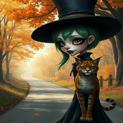 digital art fantasy depicting a strange girl with green hair, long eyelashes, black lipstick and a tall hat walking along a winding road on an autumn afternoon, an Lynx smiles as she passes