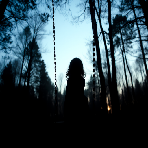 Create an image of a silhouette of a girl sitting on a swing surrounded by a forest with a circular blue sky backdrop, captured with a 50mm lens at f/1.8, ISO 200, and a slight vignette effect to enhance the atmosphere.