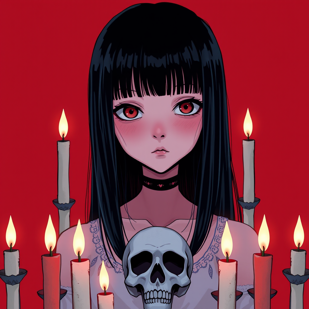 Create a high-resolution digital illustration of a stylized girl with straight black hair, a somber expression, and a skull surrounded by candles on a dark red background, using a Canon EOS R5 with a 50mm f/1.8 lens at f/2.8, shot in portrait mode with soft lighting and high contrast for dramatic effect.