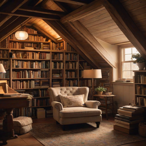 Warmly lit photo of a cozy attic space transformed into a reading nook, with a plush armchair, stacks of books, and soft light spilling in from a small window, creating an inviting retreat.