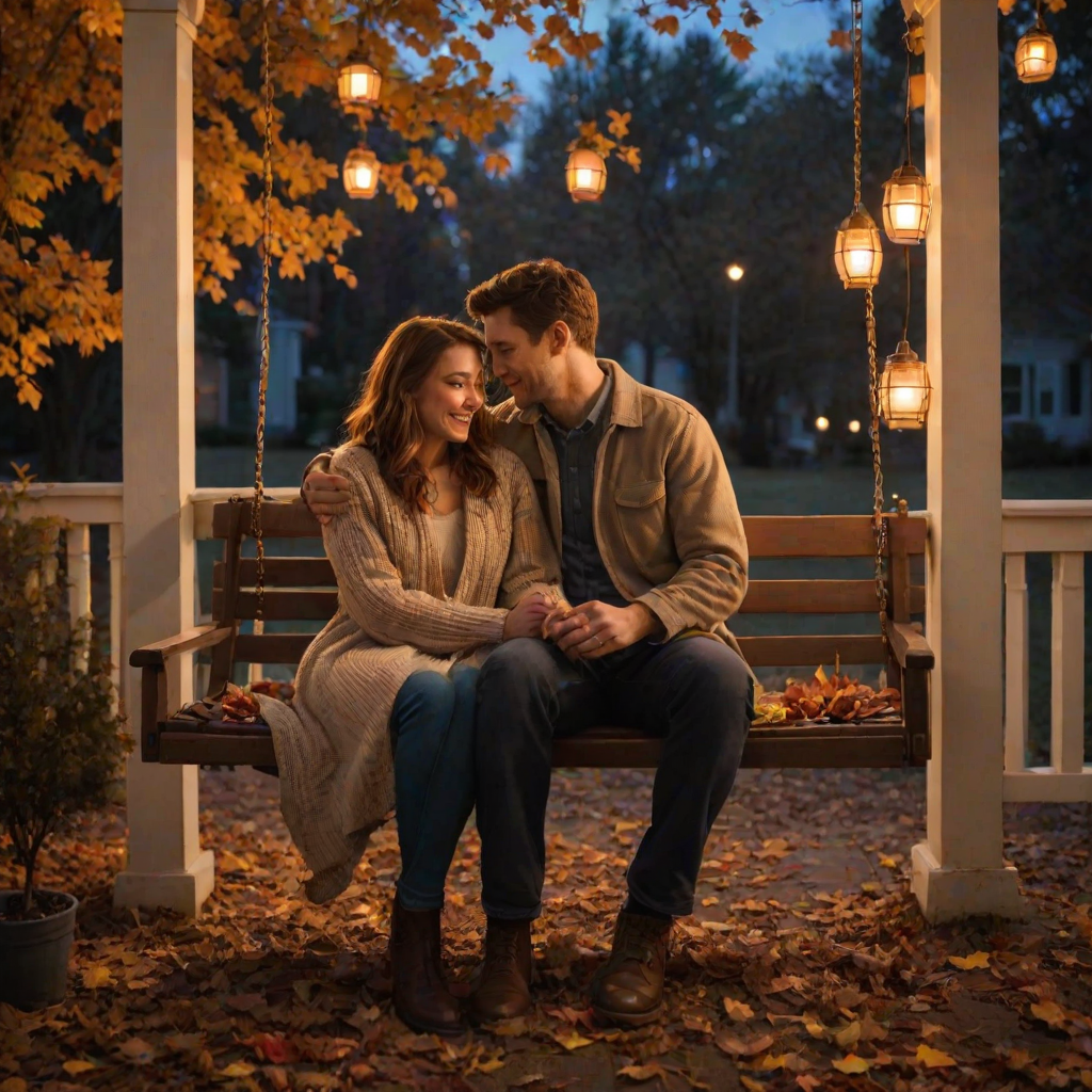 Softly lit image of a couple sitting on a porch swing at twilight, soft golden light from nearby lanterns illuminating their faces, with vibrant autumn leaves scattered on the ground and a faint breeze in the air.