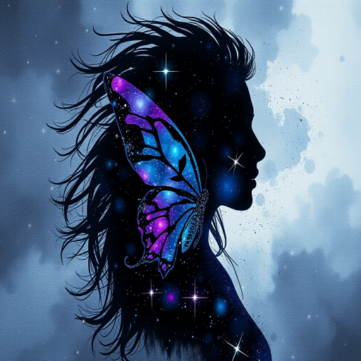 Captivating conceptual render alcohol ink art, double exposure, the paint strokes artfully merge combining a woman's full silhouette with a Beaming butterfly's silhouette. The figures are composed of a series of colored dots, lines & spots that evoke the image of a cosmic galaxy, colors are deep shades of blue purple & black with flashes of white & silver representing distant stars. The woman's silhouette is formed within the lion's silhouette from constellations of scattered stars, surreal