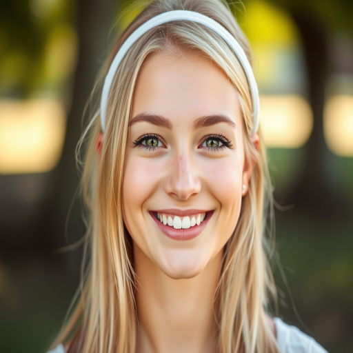 Create a portrait of a smiling young woman with blonde hair and a white headband, soft natural lighting, 50mm lens, aperture f/1.8, ISO 100, shot in a shallow depth of field, soft focus background, use a Canon DSLR for high image quality.