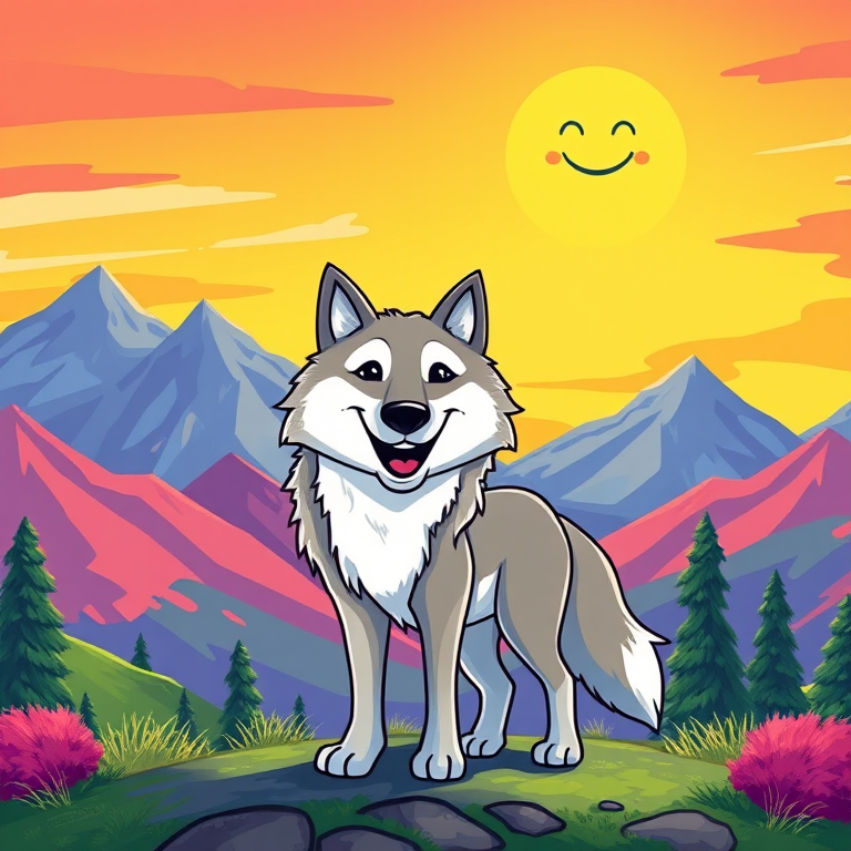 Generate a colorful cartoon-style illustration of a happy wolf standing in a vibrant landscape with mountains and a smiling sun, using a Canon EOS 5D Mark IV with a 50mm f/1.8 lens, aperture set to f/8, ISO 100, shot from a low angle to emphasize the wolf and background detail.
